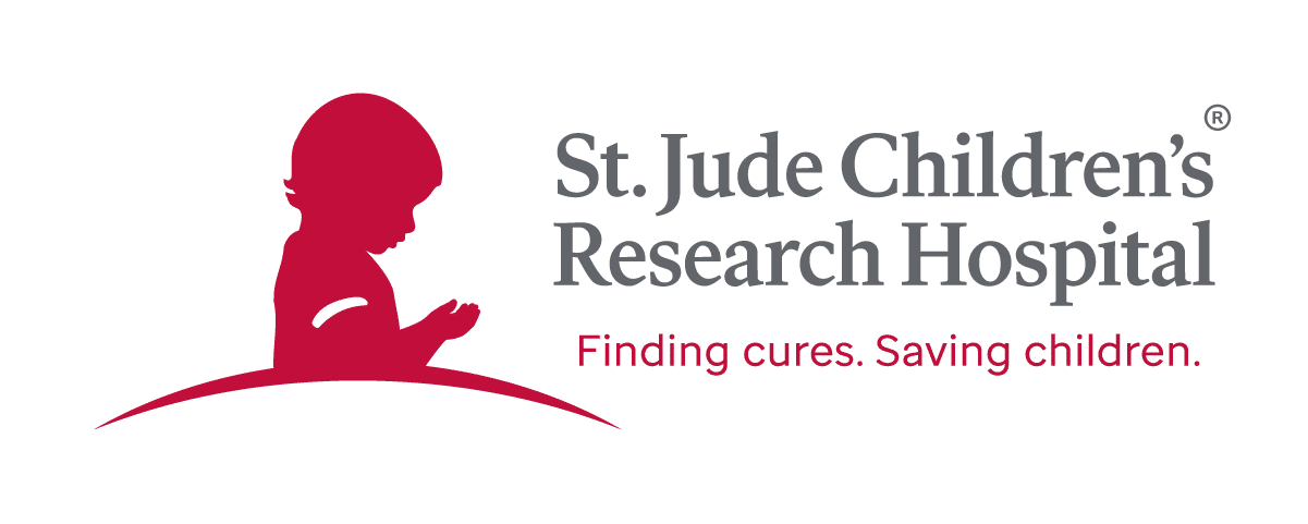 St. Jude Children's research hospital logo, child looking at hands next to hospital name and tagline reading, Finding cures. Saving children.